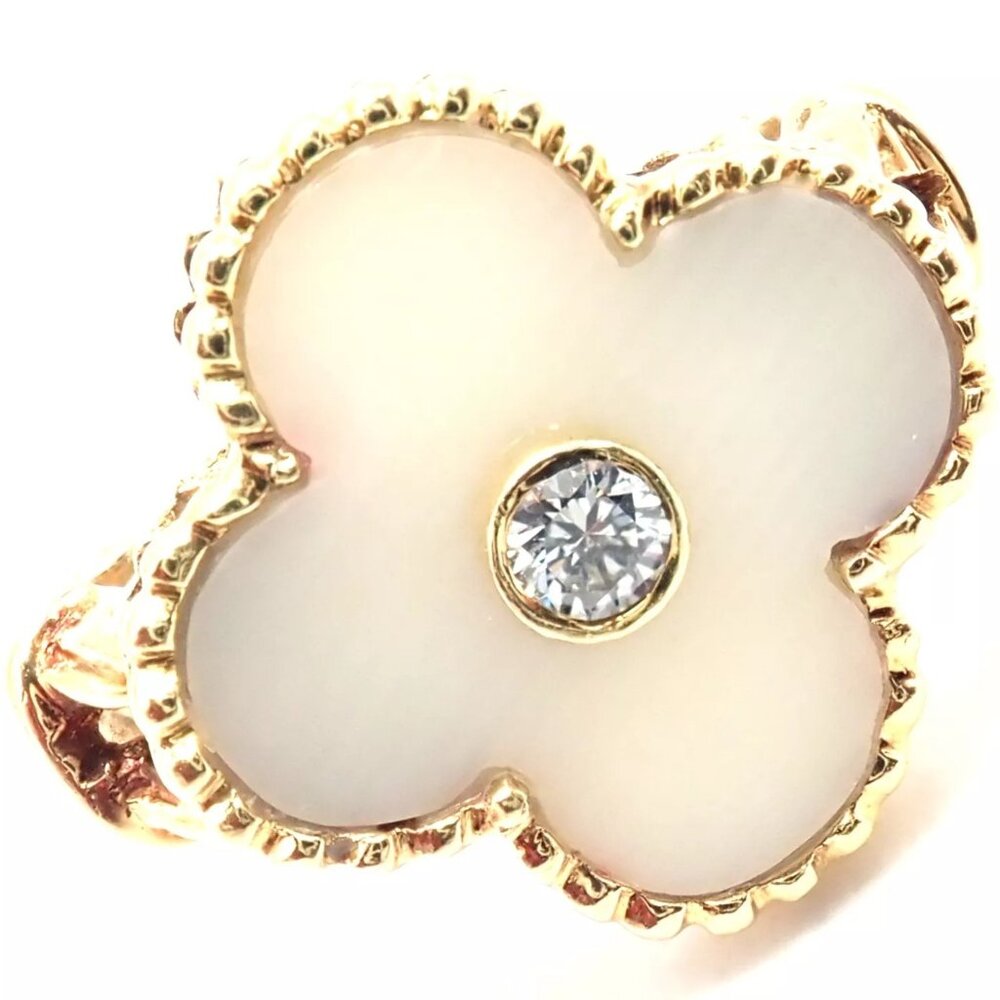 Van Cleef & Arpels Vintage Alhambra 18k Yellow Gold Diamond White Coral Ring